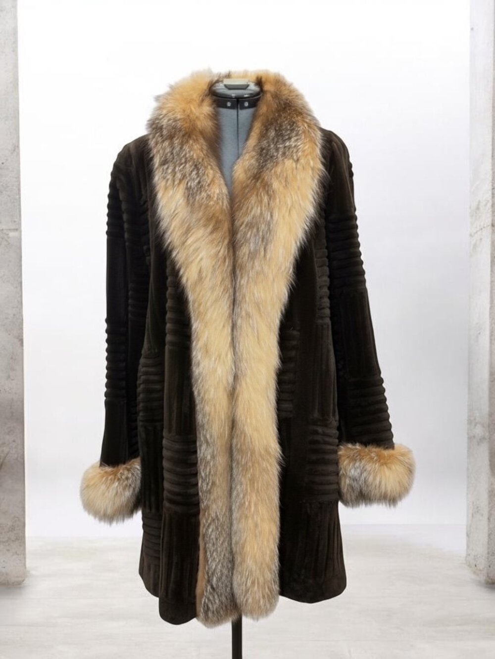 Alaskan Fur- Brown Grooved Sheared Mink Coat with Crystal Fox Trim
